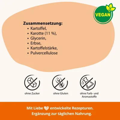 Zusammensetzung: Kartoffel, Karotte (11 %), Glycerin, Erbse, Kartoffelstärke, Pulvezellulose. Vegan. Ohne Zucker, ohne Gluten, ohne Farb- und Aromastoffe. Ergänzung zur täglichen Nahrung.