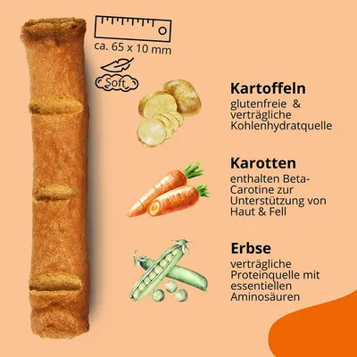 Produktbeschreibung: Snack ca. 65 x 10 mm, weich. Zutaten: Kartoffeln glutenfrei, Karotten mit Beta-Carotin für Haut & Fell, Erbsen als Proteinquelle mit essentiellen Aminosäuren.
