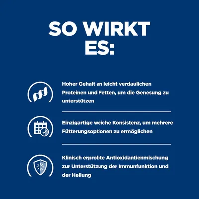 So wirkt es: Hoher Gehalt an leicht verdaulichen Proteinen und Fetten, einzigartige weiche Konsistenz, klinisch erprobte Antioxidantienmischung zur Unterstützung der Immunfunktion und Heilung.