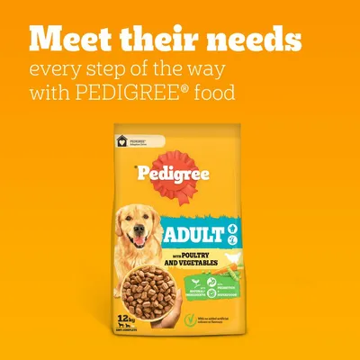Pedigree Adult food with poultry and vegetables, 12kg bag. Features natural ingredients, prebiotics, no added artificial colours or flavours. Text: Meet their needs every step of the way.