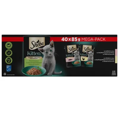 Sheba Kitten Mixed Selection in Gravy Mega-Pack, 40 x 85g pouches with salmon and chicken for kittens aged 2-12 months. Includes icons for natural ingredients and recyclable packaging.