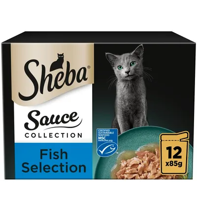Sheba Sauce Collection Fish Selection, 12 packs of 85g each, certified sustainable seafood by MSC, product packaging with food image.