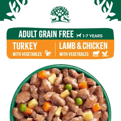 Adult grain free food for ages 1-7 years. Turkey with vegetables and lamb and chicken with vegetables options shown above bowl of chunky meat and vegetable pieces in gravy.