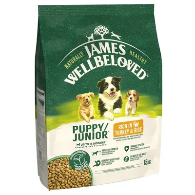 James Wellbeloved Puppy/Junior food, rich in turkey and rice, for up to 14 months. Hypoallergenic, supports healthy growth, digestion, immune system. No wheat or maize. 15kg bag.