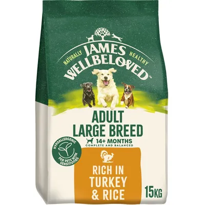 Adult large breed food for 14+ months, hypoallergenic for pets with sensitivities, rich in turkey and rice, 15kg bag. Complete and balanced.