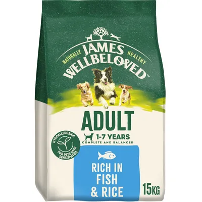 Adult pet food for ages 1-7 years, hypoallergenic, rich in fish and rice, complete and balanced, 15kg pack. Suitable for pets with sensitivities.