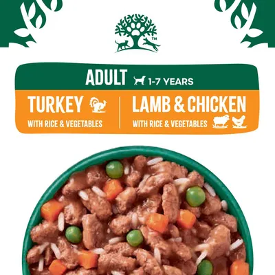 Adult, 1-7 years. Turkey with rice and vegetables. Lamb and chicken with rice and vegetables. Image shows food with peas, carrots, rice, and meat pieces.