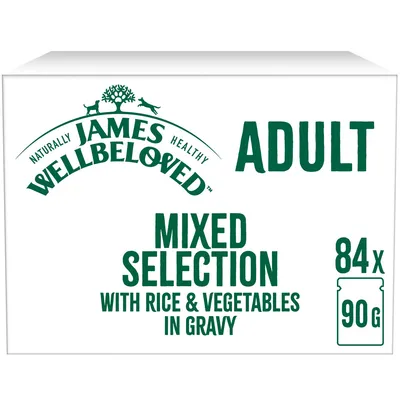 James Wellbeloved Adult mixed selection with rice and vegetables in gravy, 84 packs of 90g each.
