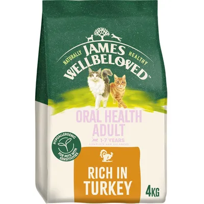 James Wellbeloved Oral Health Adult, 1-7 years, hypoallergenic, rich in turkey, 4kg. For pets with sensitivities. Complete and balanced.