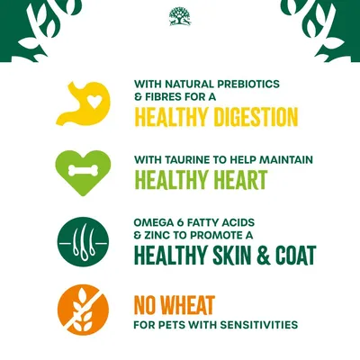 Product features: natural prebiotics and fibres for healthy digestion, taurine for healthy heart, omega 6 and zinc for healthy skin and coat, no wheat for pets with sensitivities.