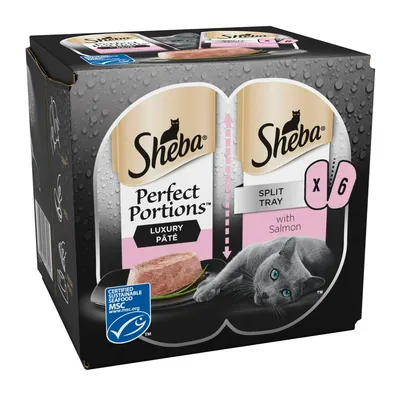 Sheba Perfect Portions Luxury Paté split tray with salmon, pack of 6. Certified sustainable seafood MSC label visible.