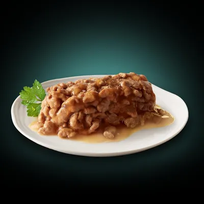 Chunks of meat in gravy served on a white plate with a garnish of parsley, showing the texture and appearance of the wet food product.