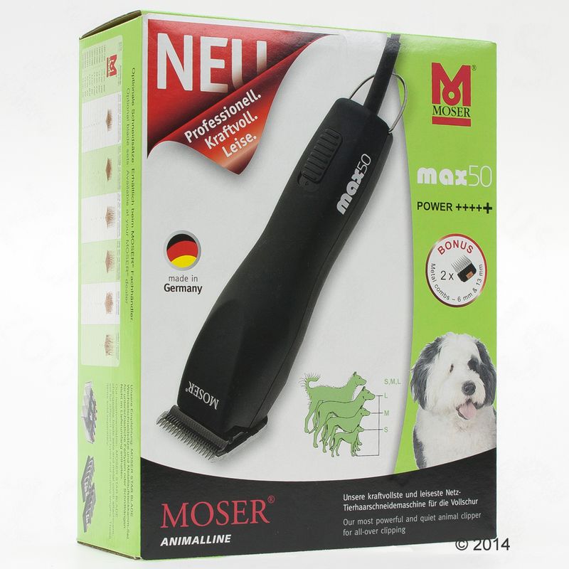 Машинка для стрижки животных MOSER max50, на упаковке надписи: NEU, Professionell. Kraftvoll. Leise., made in Germany, BONUS 2x, POWER+++++, изображение собаки и насадок 6 мм, 13 мм.