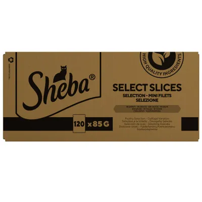 Sheba Select Slices, poultry selection in gravy, 120 x 85g packs. High quality ingredients. Mini filets. Selection available in multiple languages.