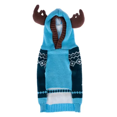 Blauer gestrickter Hundepullover mit Kapuze und braunen Geweih-Applikationen, dekoratives Muster in Weiss und Dunkelblau.