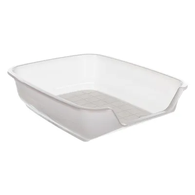 Bañera de plástico blanca con entrada rebajada y base antideslizante. Forma rectangular, apta para varios usos.