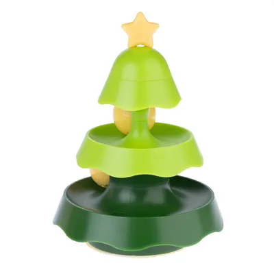 Green toy in the shape of a Christmas tree with a yellow star tip and movable balls, suitable for interactive play.