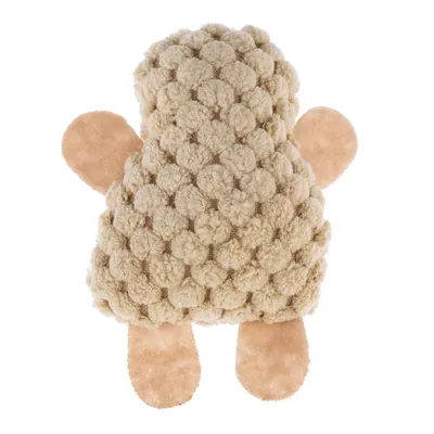 Beige plyysilelu lampaan muodossa, kuvioitu pinta, huopakäsivarret ja jalat.