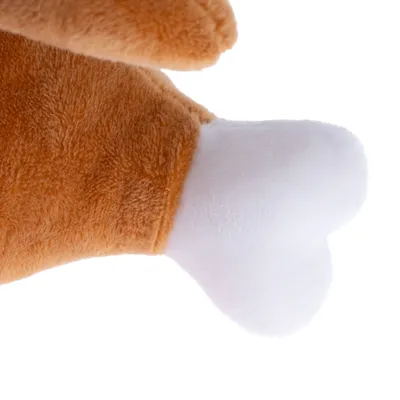 Plush toy shaped like a brown chicken drumstick with a white bone end, suitable for pets.