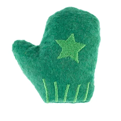 Grüner Filzhandschuh mit gesticktem Stern und Streifenmuster, geeignet als Spielzeug oder Accessoire.