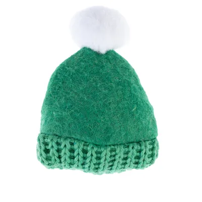 Grüne gestrickte Mütze mit weissem Bommel, geeignet für Haustieraccessoires oder Dekoration.