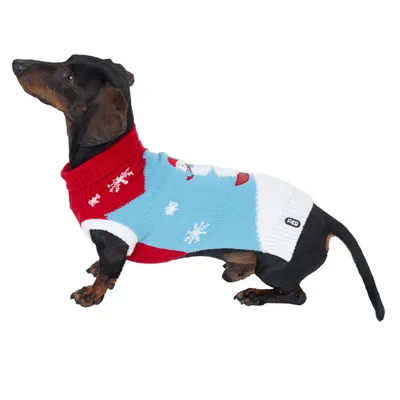 Dackel trägt einen gestrickten Hundepullover in Rot, Blau und Weiss mit Schneeflocken- und Weihnachtsmotiv. Sichtbares Logo: Trixie.