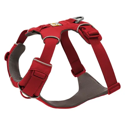 Red dog harness with adjustable straps, padded inner material and metal ring for attachment. Suitable for secure hold and comfort.