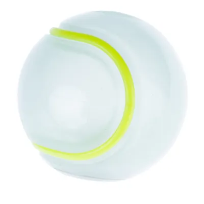Round plastic ball with yellow stripe, suitable as a toy.