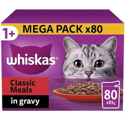 Whiskas Classic Meals in gravy, mega pack of 80 pouches, each 85g. Suitable for ages 1 and above.