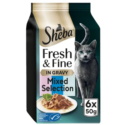 Sheba Fresh & Fine in Gravy Mixed Selection, 6 x 50g packs. Certified sustainable seafood MSC. Image shows chunks of food in gravy on a plate.