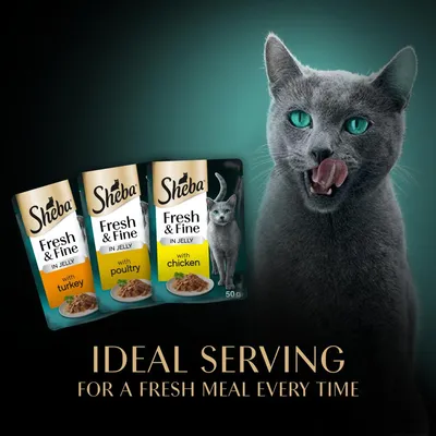 Sheba Fresh & Fine in Jelly pouches with turkey, poultry, and chicken flavours. Text reads: Ideal serving for a fresh meal every time. Image includes a cat licking its lips.