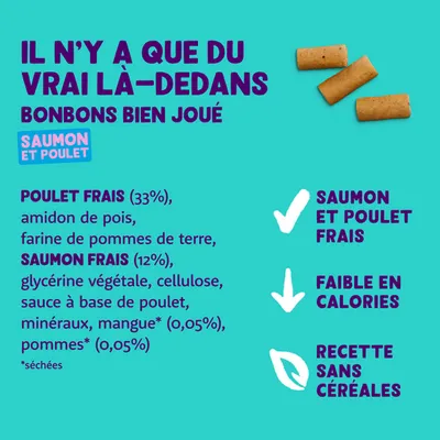 Ingrédients : poulet frais (33 %), saumon frais (12 %), amidon de pois, farine de pomme de terre. Caractéristiques : saumon et poulet frais, faible en calories, recette sans céréales.