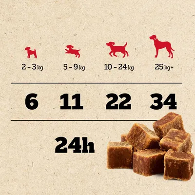 Feeding guide showing recommended daily treat pieces by pet weight: 2-3kg: 6, 5-9kg: 11, 10-24kg: 22, 25kg+: 34. Dosage for 24 hours. Cubed treats shown.
