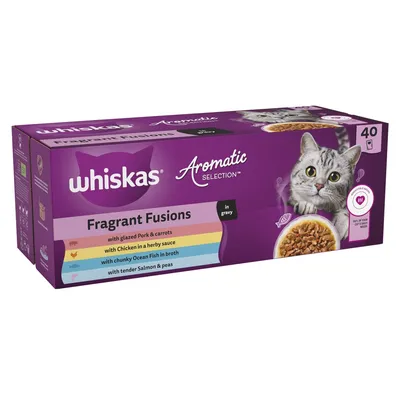 Fragrant Fusions in gravy: glazed pork and carrots, chicken in herby sauce, chunky ocean fish in broth, tender salmon and peas. Pack contains 40 servings.