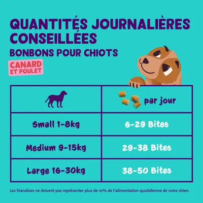 Recommandation d’alimentation pour chiots : Small 1-8kg, 6-29 bouchées ; Medium 9-15kg, 29-38 bouchées ; Large 16-30kg, 38-50 bouchées. Remarque : les snacks ne doivent pas dépasser 10 % de l’alimentation quotidienne.