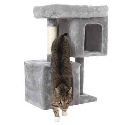 Rascador gris con cueva, superficie para tumbarse y poste rascador de sisal. Gato estirándose frente al rascador.