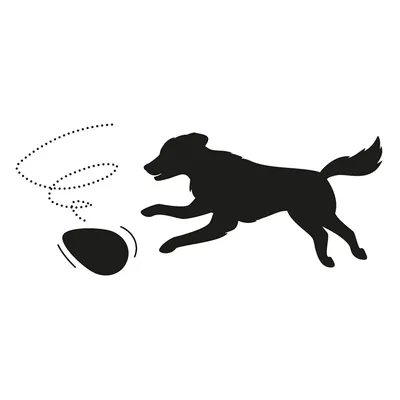 Silhouette of a dog chasing a bouncing toy egg. Movement of the toy shown by a dotted line.