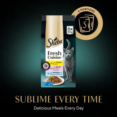 Sheba Fresh Cuisine, 6 portions of 50g. Contains 2x chicken delicacy, 2x salmon with tomatoes, 2x whitefish with vegetables. Sublime Every Time. Delicious Meals Every Day.