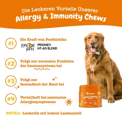 Die Vorteile der Allergy & Immunity Chews: Postbiotika, normale Funktion des Immunsystems, Hautgesundheit, saisonale Allergiesymptome. Extra: Leckerlis mit hohem Lachsanteil.