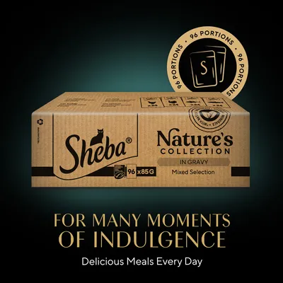 Sheba Nature's Collection in Gravy Mixed Selection, 96 x 85g. Text: For many moments of indulgence. Delicious Meals Every Day. 96 portions badge visible.