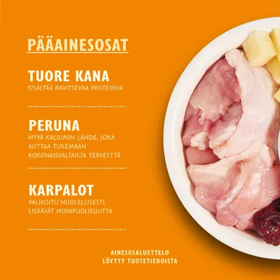 Pääainesosat: tuore kana, peruna, karpalot. Tuore kana sisältää ravitsevaa proteiinia, peruna hyvä kaliumin lähde, karpalot lisäävät monipuolisuutta. Ainesosaluettelo tuotetiedoissa.