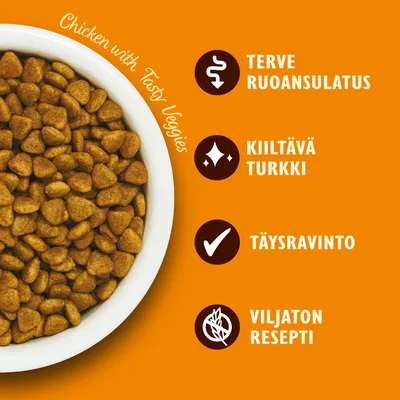 Chicken with Tasty Veggies, terve ruoansulatus, kiiltävä turkki, täysravinto, viljaton resepti. Kuvassa kulhollinen ruskeaa kuivaruokaa.