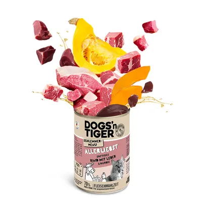 DOGS'n TIGER Schlemmer-Menü Allerliebst, juicy beef with liver & pumpkin. 70% meat meal for adult cats.