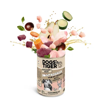 Dogs'n Tiger Schlemmer-Menü Sonntagsjäger: Wild mit Geflügel, Birne & Esskastanie. Fleischmahlzeit für ausgewachsene Hunde, 61% Wild & Geflügel.