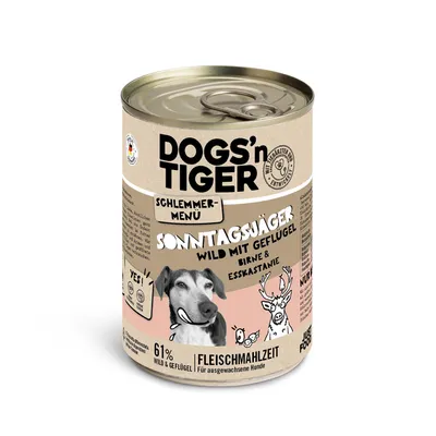 Dogs'n Tiger Schlemmer-Menü Sonntagsjäger: Wild mit Geflügel, Birne & Esskastanie. 61% Fleischanteil. Für ausgewachsene Hunde. Made in Germany.