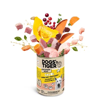 Dogs'n Tiger Schlemmer-Menü Gaudi: Huhn mit Truthahn, Cranberry & Süsskartoffel. Fleischmahlzeit mit 63% Huhn & Truthahn für ausgewachsene Hunde.