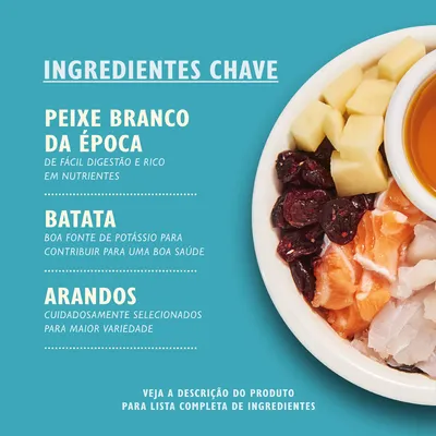 Ingredientes chave: peixe branco da época, batata e arandos. Peixe de fácil digestão, batata fonte de potássio, arandos selecionados. Ver descrição do produto para lista completa.