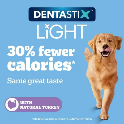 Dentastix Light with 30% fewer calories, same great taste, made with natural turkey. 30% fewer calories per stick versus Dentastix Daily.