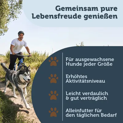 Texte en allemand : 'Gemeinsam pure Lebensfreude genießen', 'Für ausgewachsene Hunde jeder Größe', 'Erhöhtes Aktivitätsniveau', 'Leicht verdaulich & gut verträglich', 'Alleinfutter für den täglichen Bedarf'.