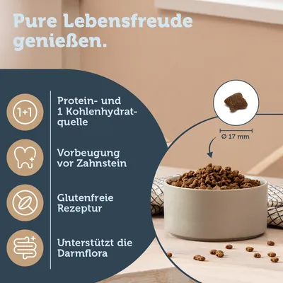 Texte en allemand : Pure Lebensfreude genießen. Protein- und 1 Kohlenhydratquelle, Vorbeugung vor Zahnstein, Glutenfreie Rezeptur, Unterstützt die Darmflora. Croquettes Ø 17 mm.